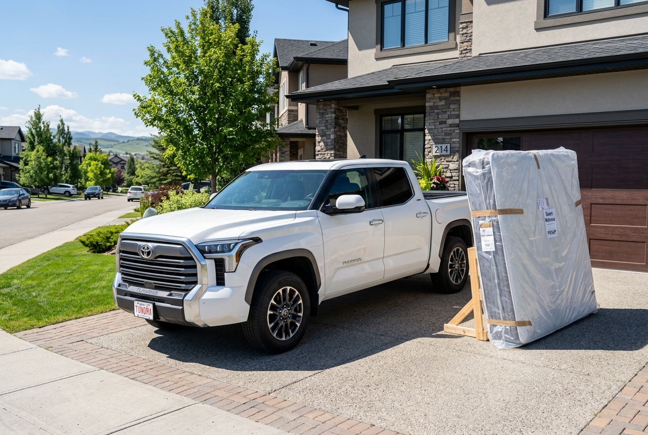 Toyota Tundra next to a single mattress ready for pickup