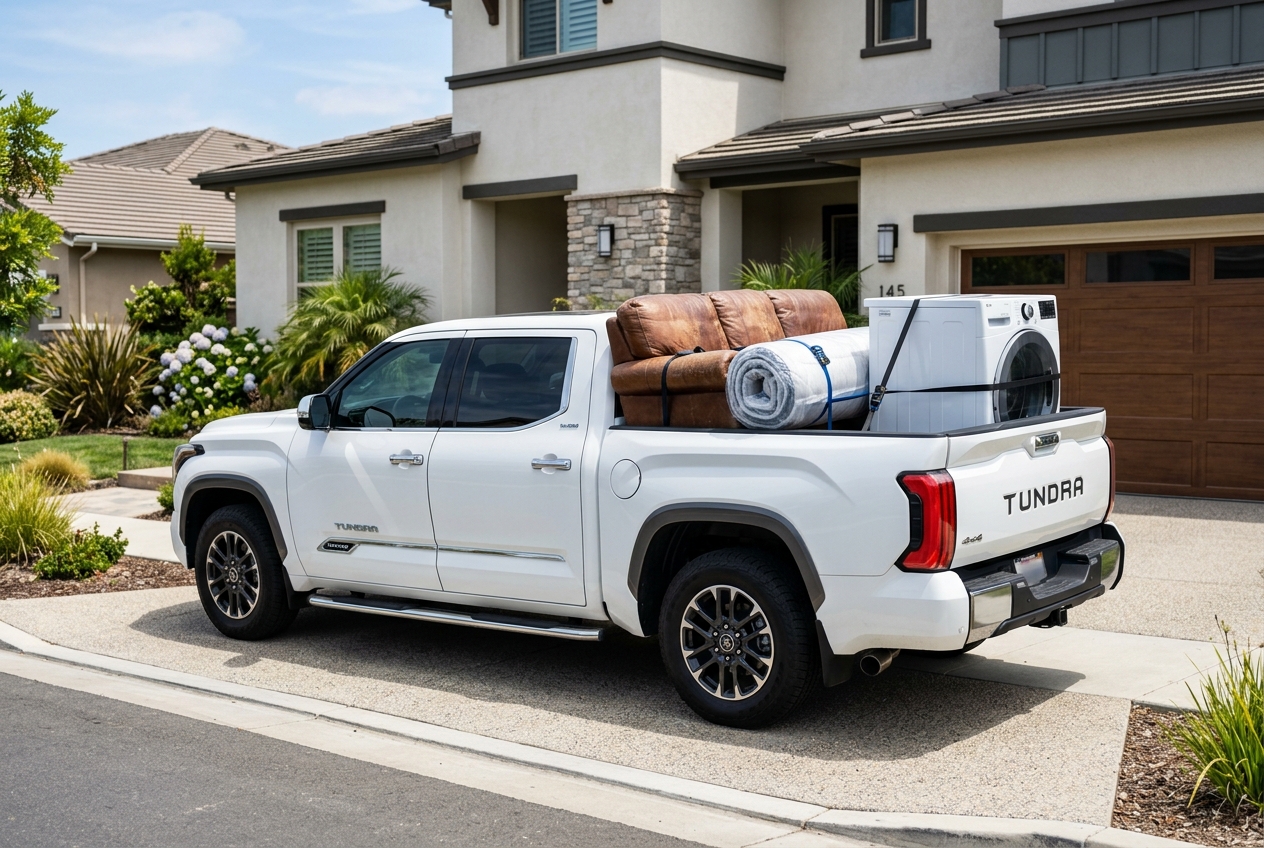 Toyota Tundra loaded with a couch, mattress, and washer